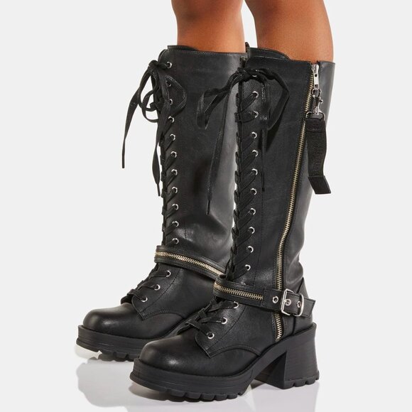Demonia Shoes - Bratty Block Heel Lace Up Punk Goth Biker Knee Boots